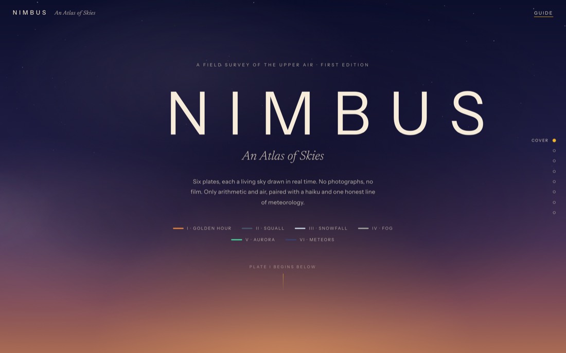 Pass one screenshot of the NIMBUS cover: the wordmark over a twilight gradient